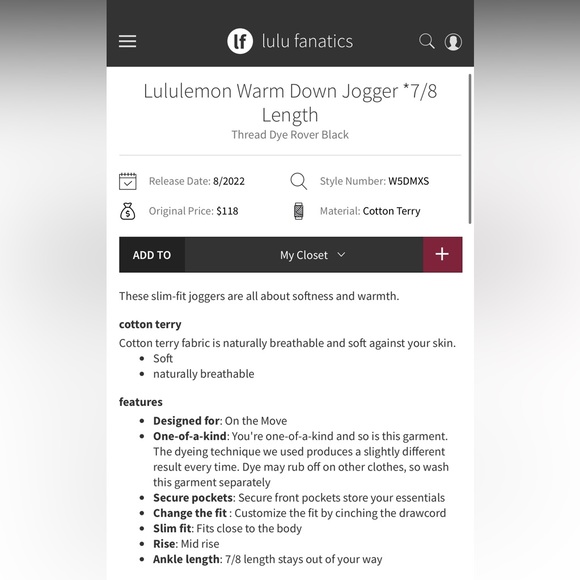 Lululemon Warm Down Jogger *7/8 Length
Thread Dye Rover Black - Picture 6 of 14